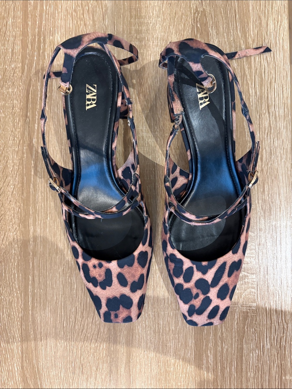Zara Leopard Print Ankle-Strap Heels in Brown and Black